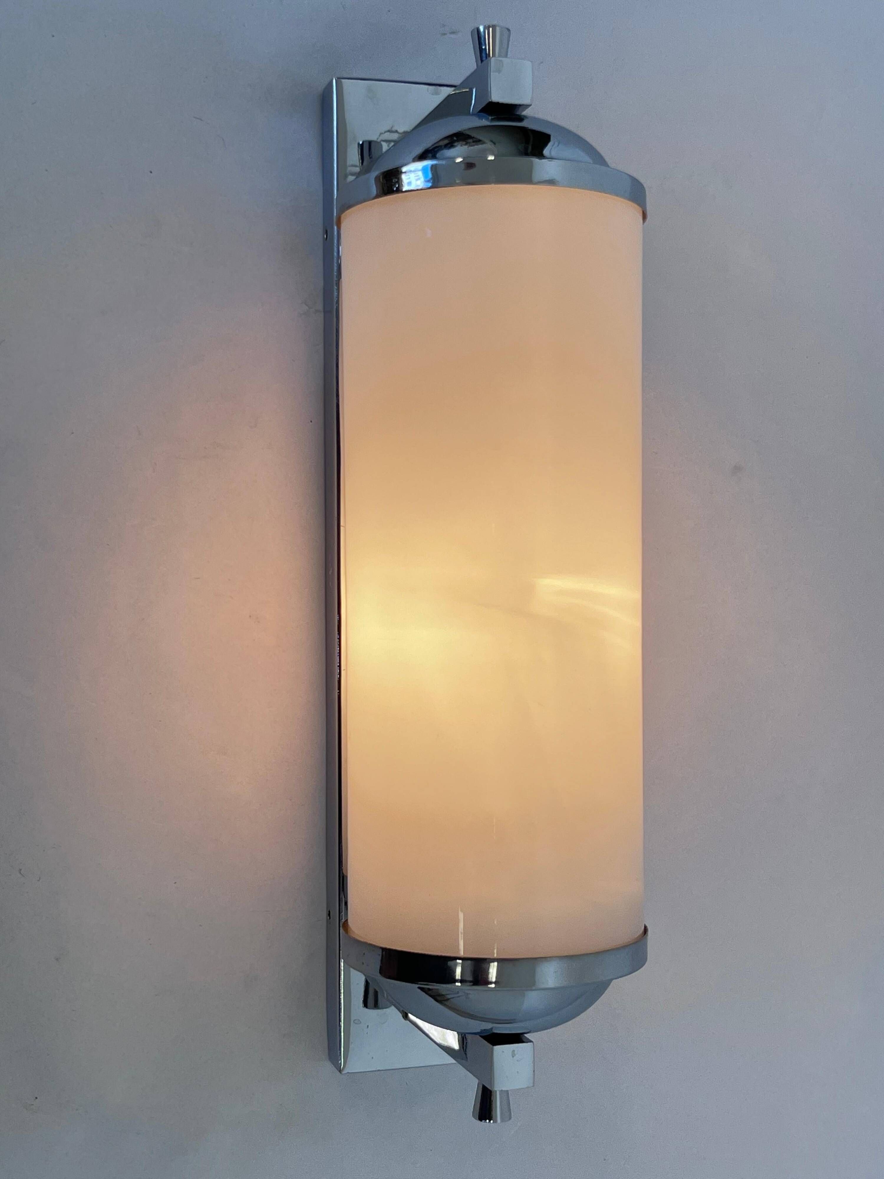 Large Bauhaus Wall Sconce in Chrome and Opaline Glass, 1930s – Czechoslovakia, Marked
