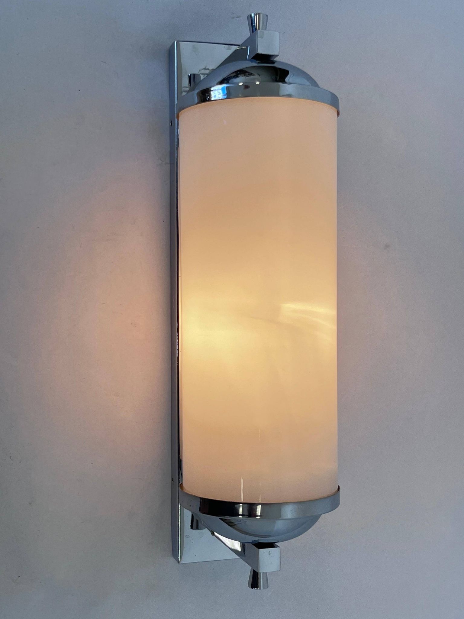 Large Bauhaus Wall Sconce in Chrome and Opaline Glass, 1930s – Czechoslovakia, Marked