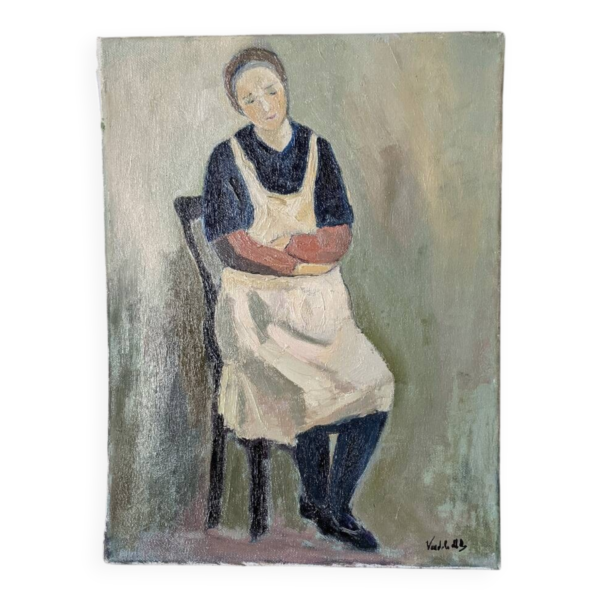 Old acrylic painting on canvas, country decoration.