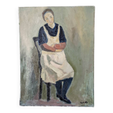 Old acrylic painting on canvas, country decoration.