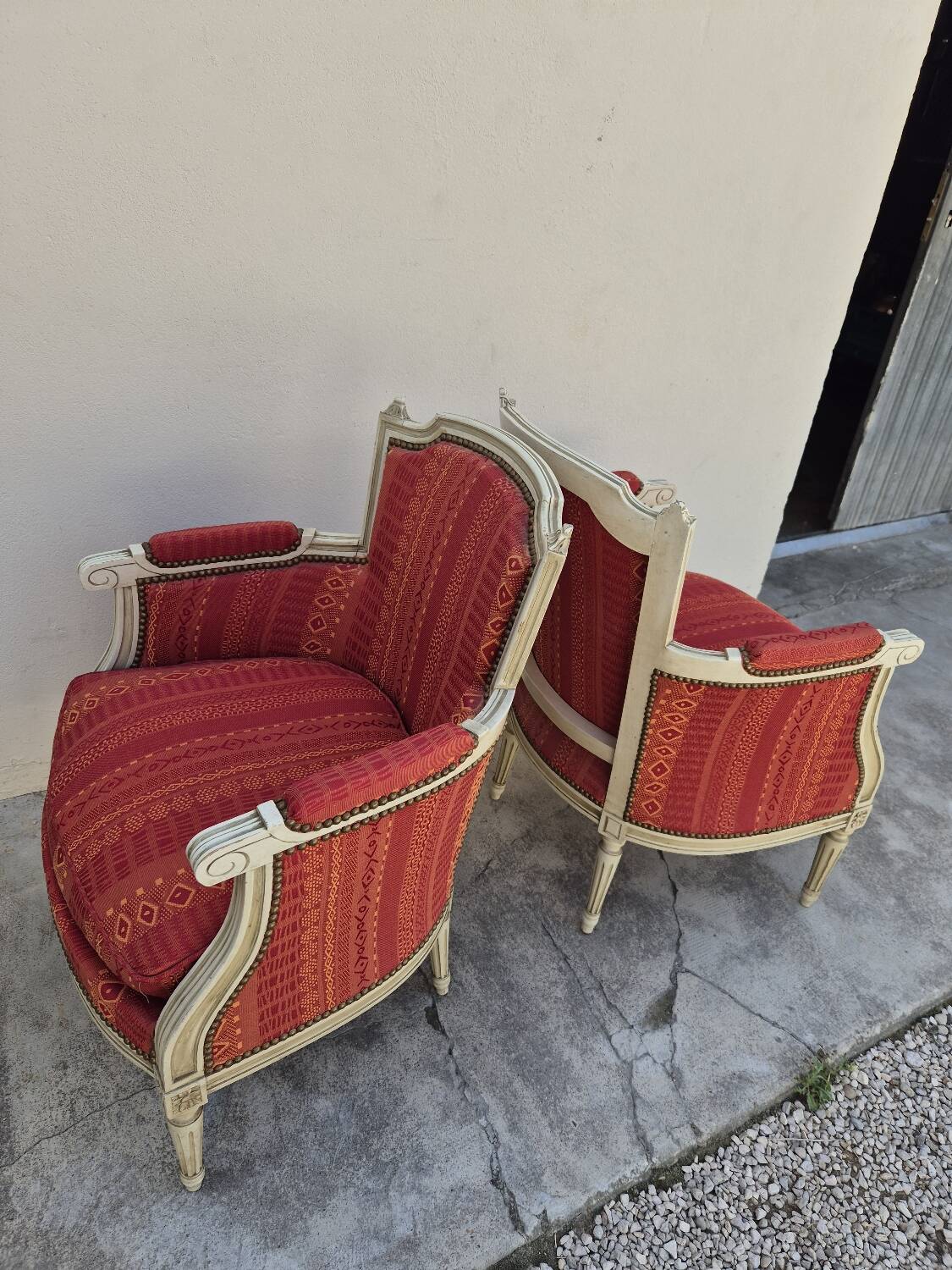 Pair of Louis XVI style bergère armchairs, antique.