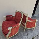 Pair of Louis XVI style bergère armchairs, antique.