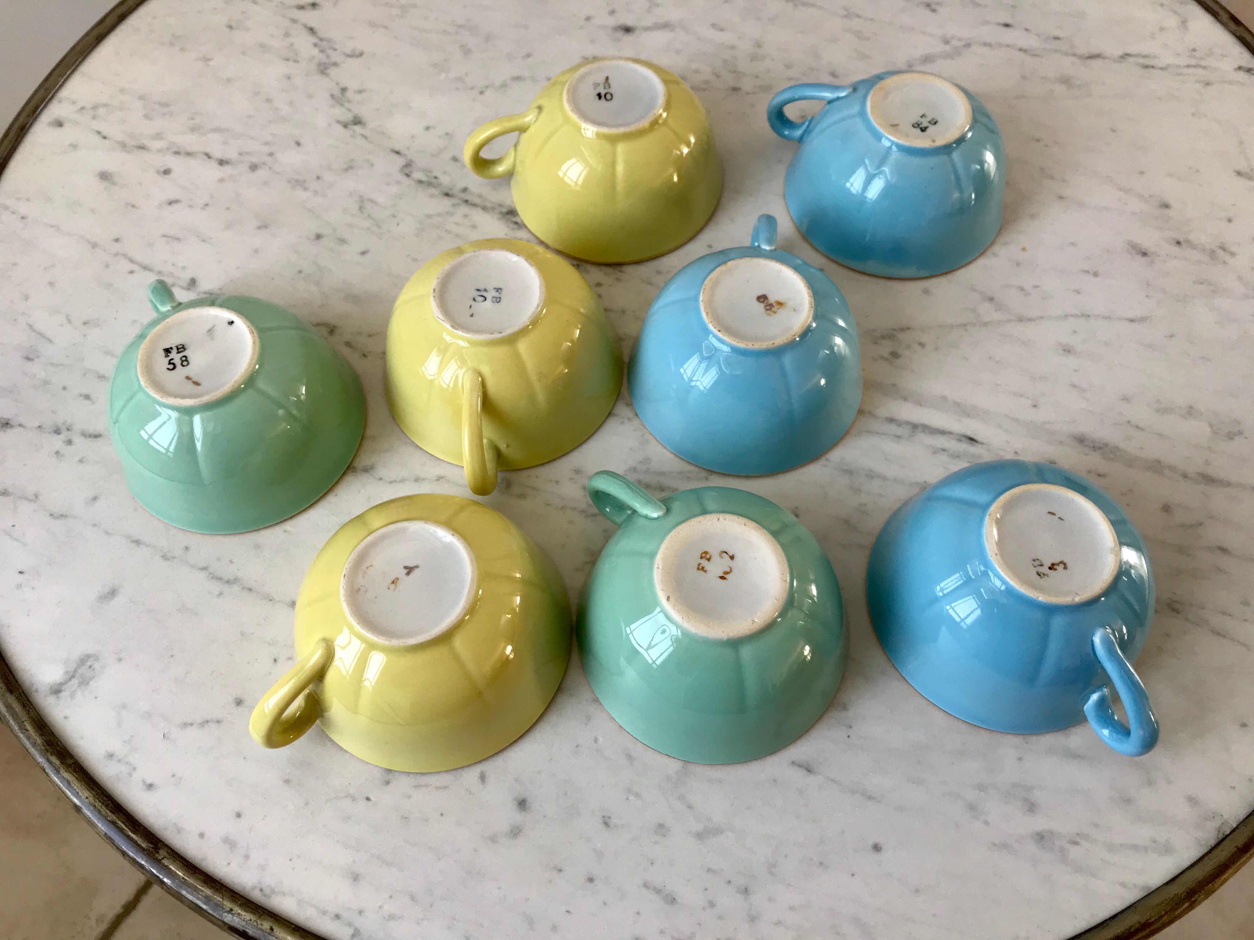 Set of 8 pastel colored cups Digoin Sarreguemines 50s