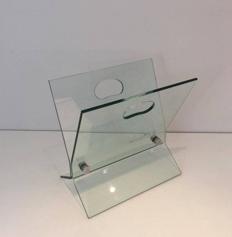 Designer magazine rack in glass and brushed steel