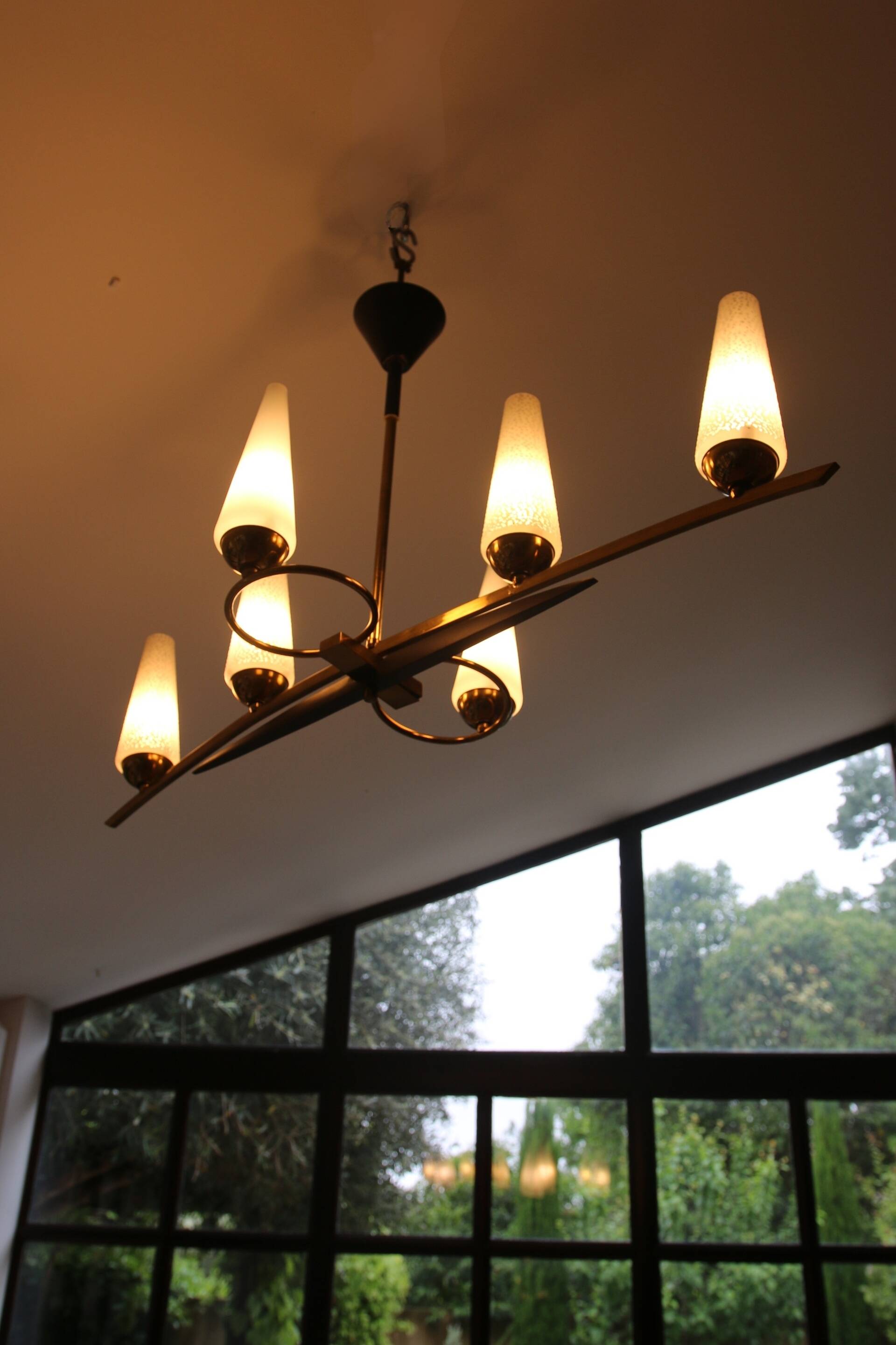 Mid-Century 6-Light Chandelier - Opaline and Brass
