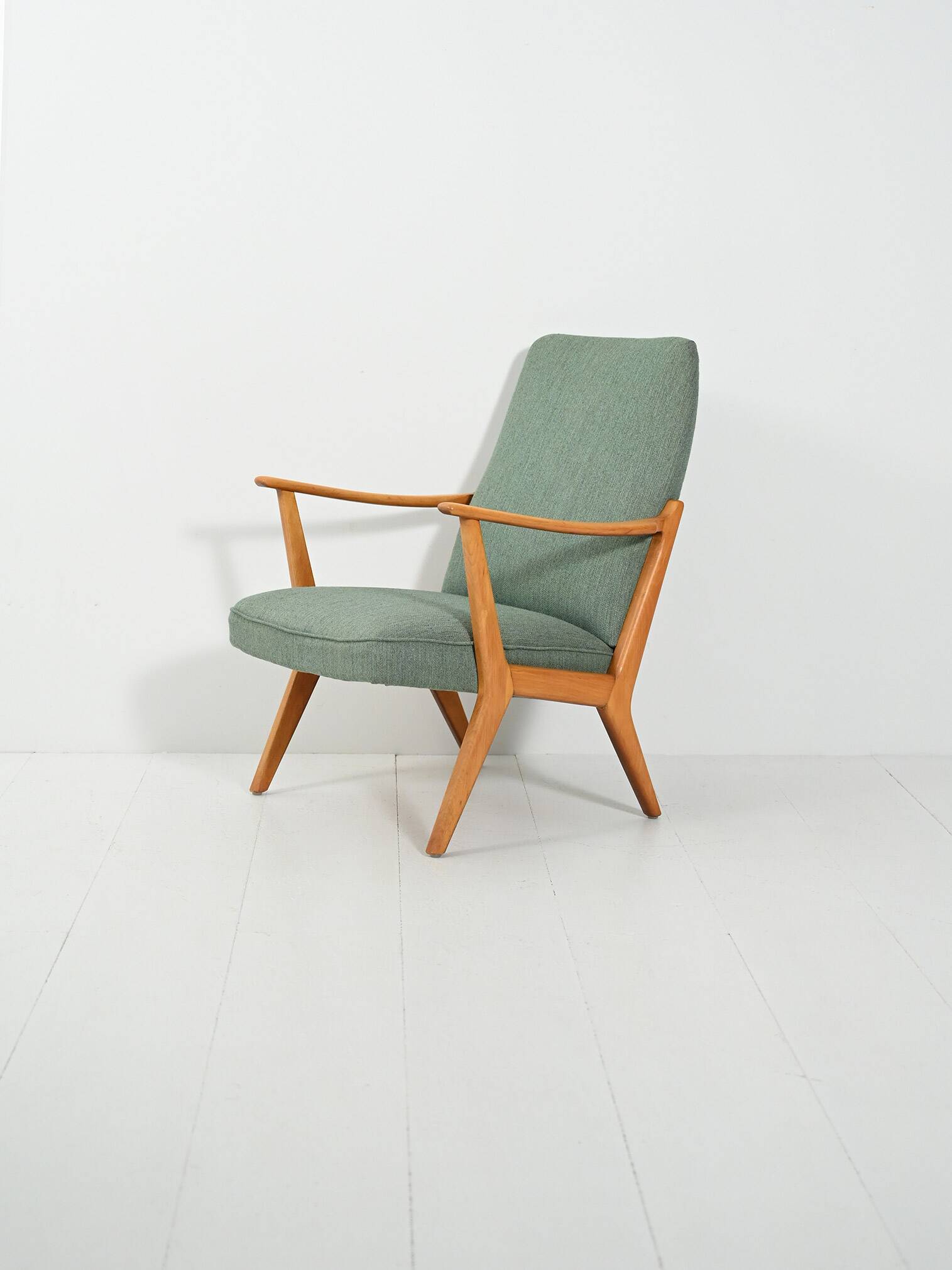 Scandinavian Beech Armchair with green wool upholstery, 1950-60s