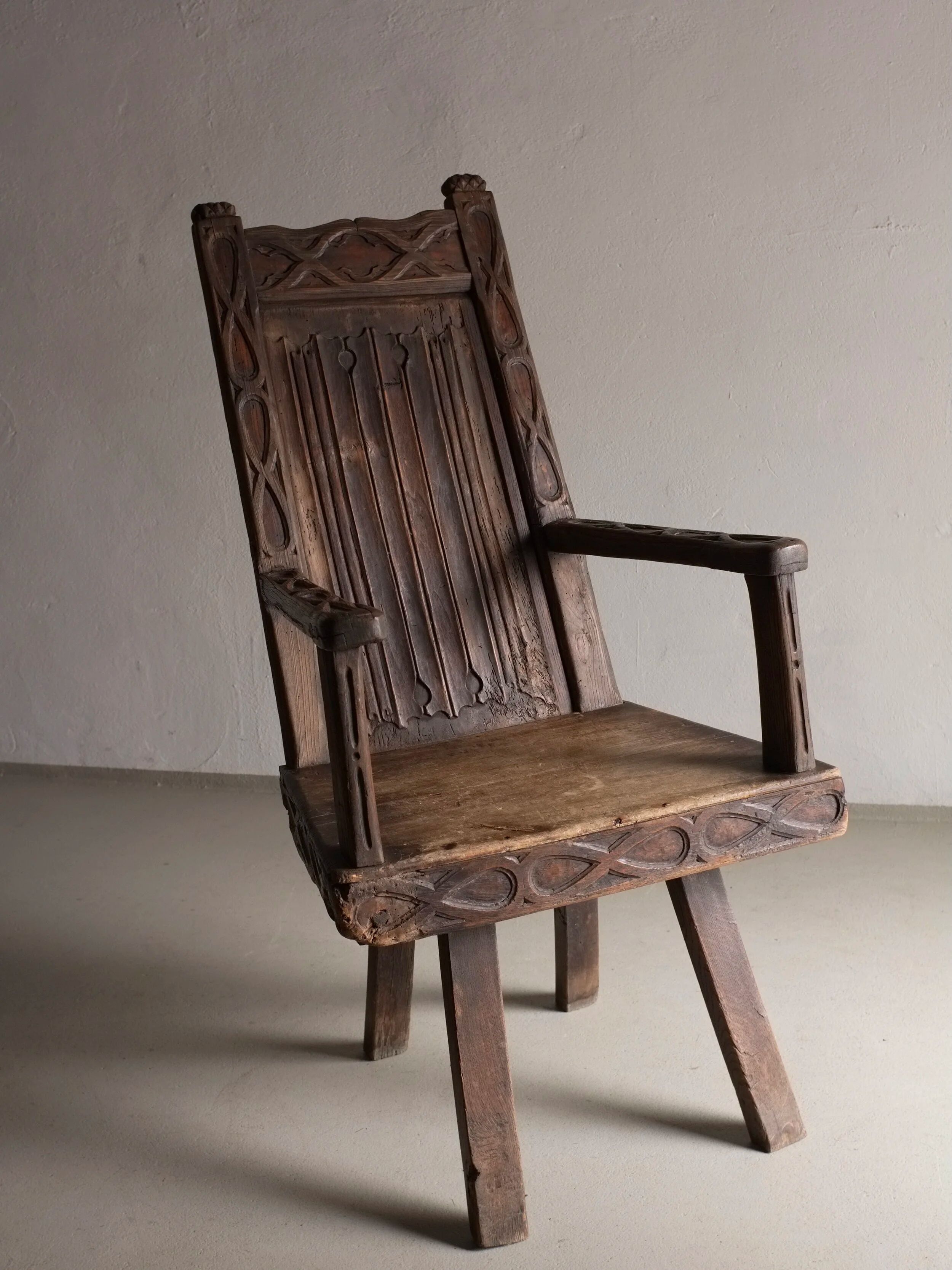 Antique primitive carved oak arm chair, Belgium