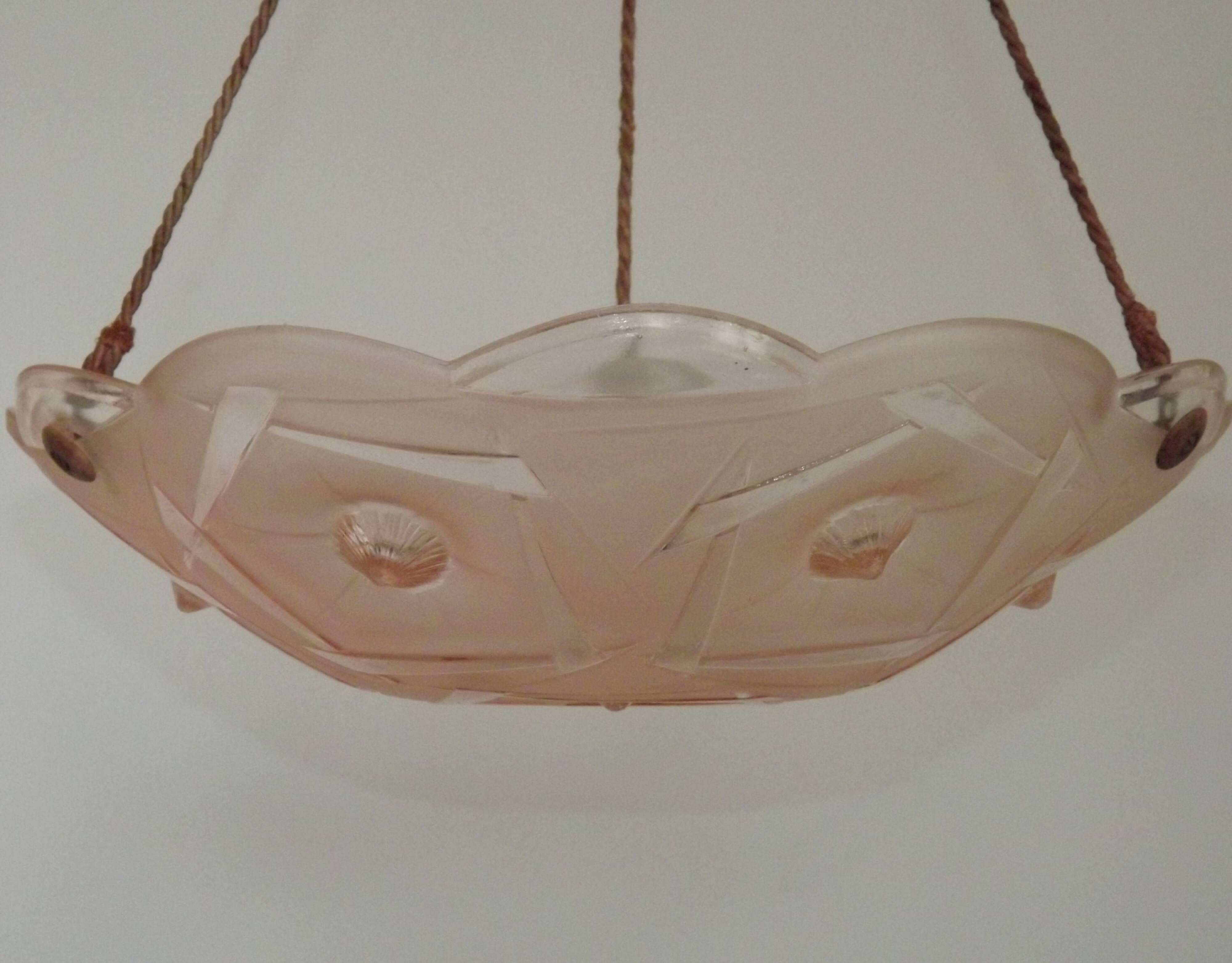 French Art Deco Stamped 1053 Pink Glass Plafonnier Hanging Light Pink Ropes