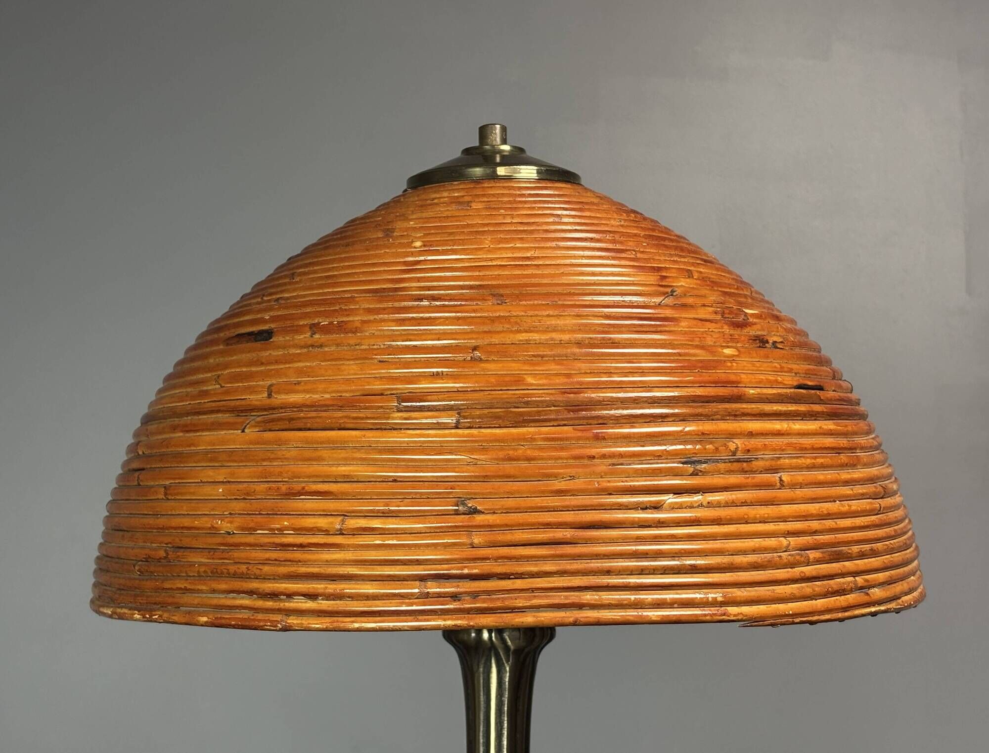 Midcentury mushroom pencil reed rattan bamboo and brass table lamp, 1970s