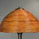 Midcentury mushroom pencil reed rattan bamboo and brass table lamp, 1970s
