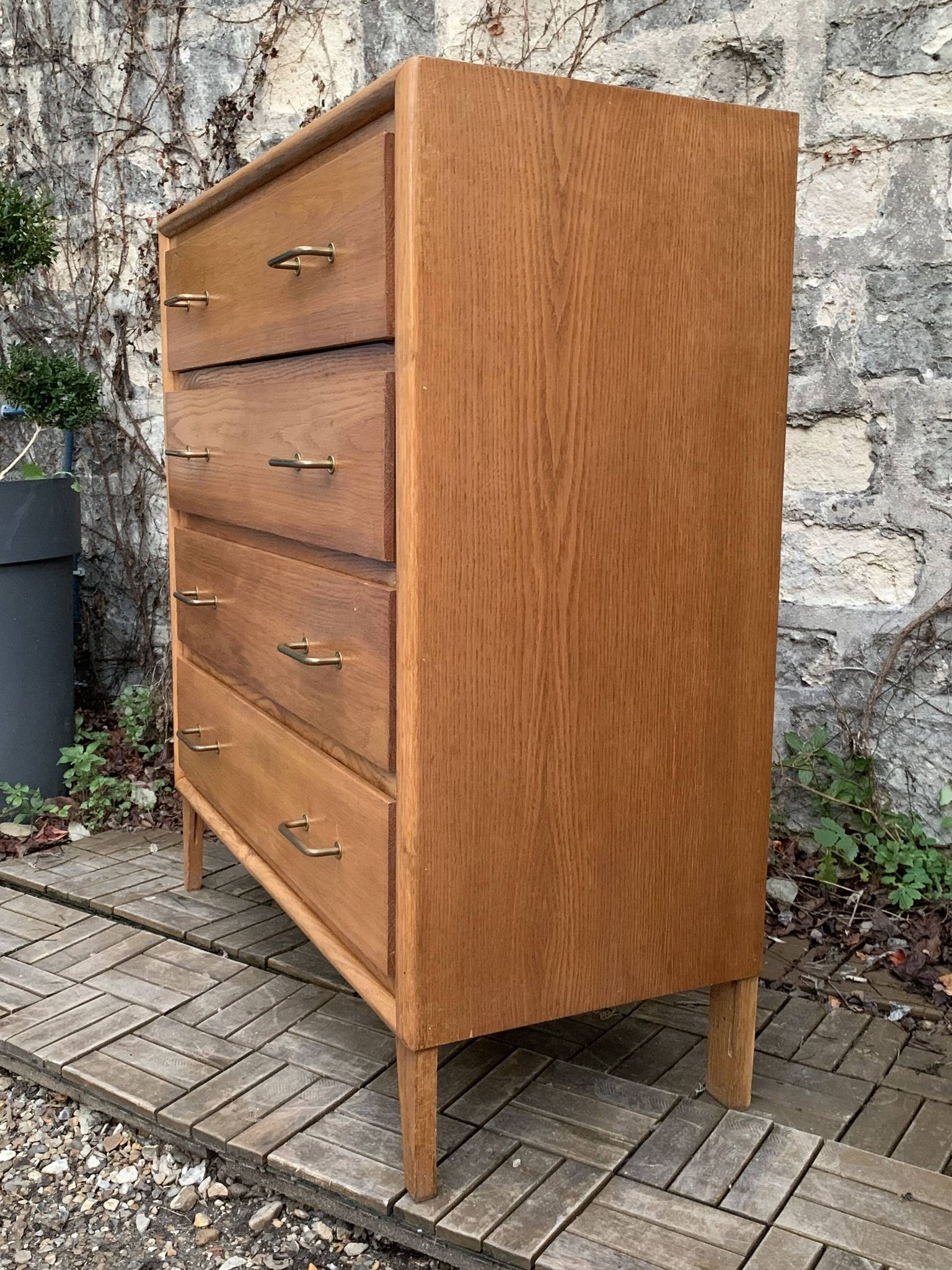 Vintage chest of drawers with compass feet, oak, original patina, 1950s