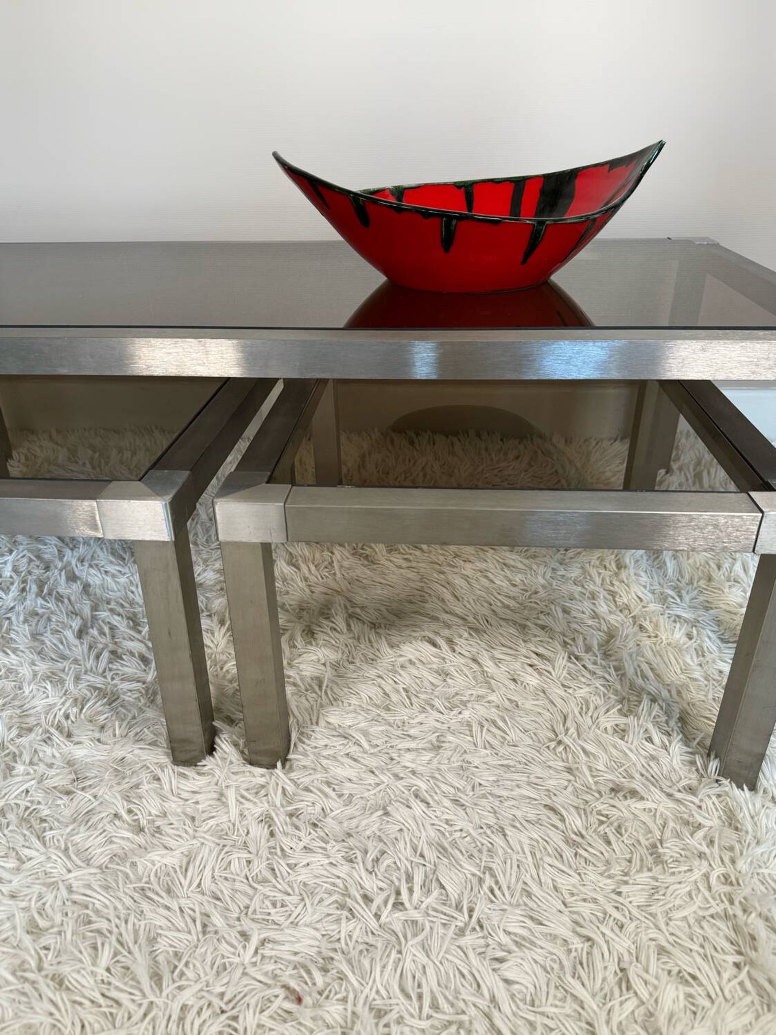 Table basse acier brossé design années 70 et gigognes