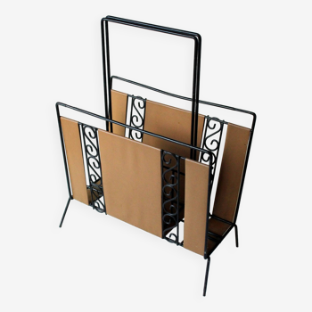 Mid Century magazine rack made of metal and leather, vintage from the 1970s