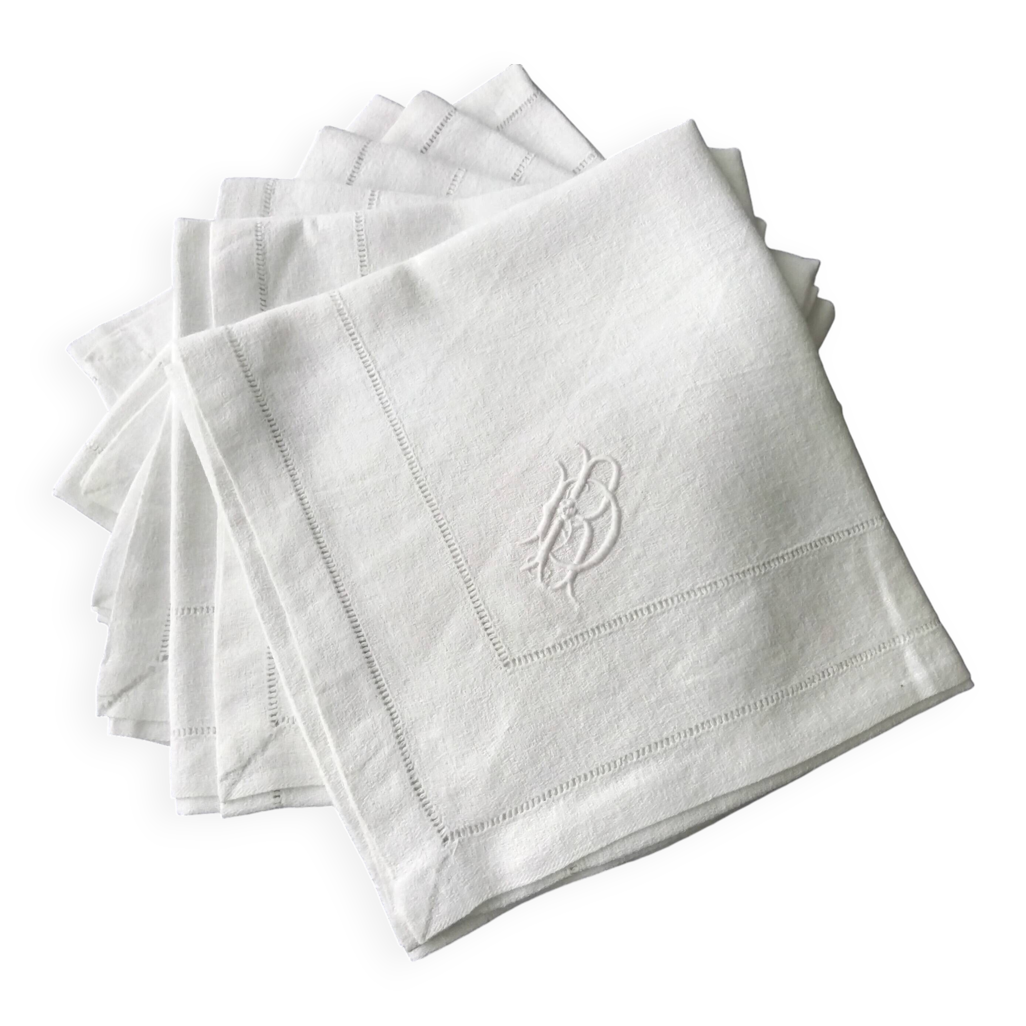 6 White damask linen napkins Monogram RD Embroidery and openwork