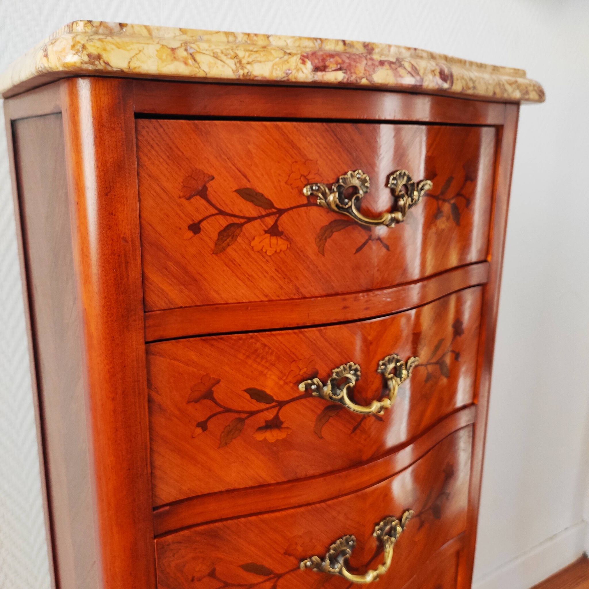 Curved chest of drawers in marquetry – marble top – Louis XV style