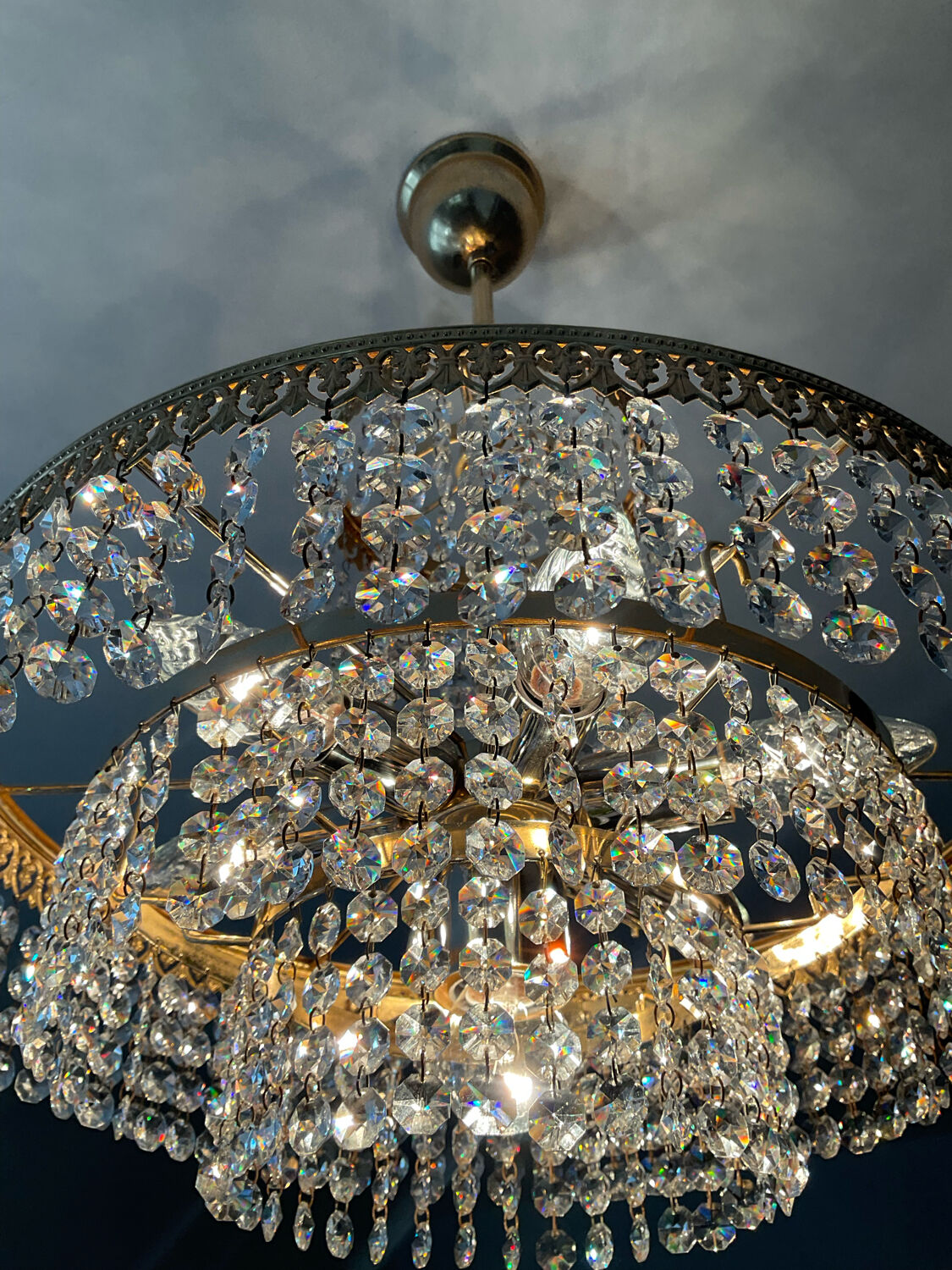 Brass chandelier and crystal tassel waterfall