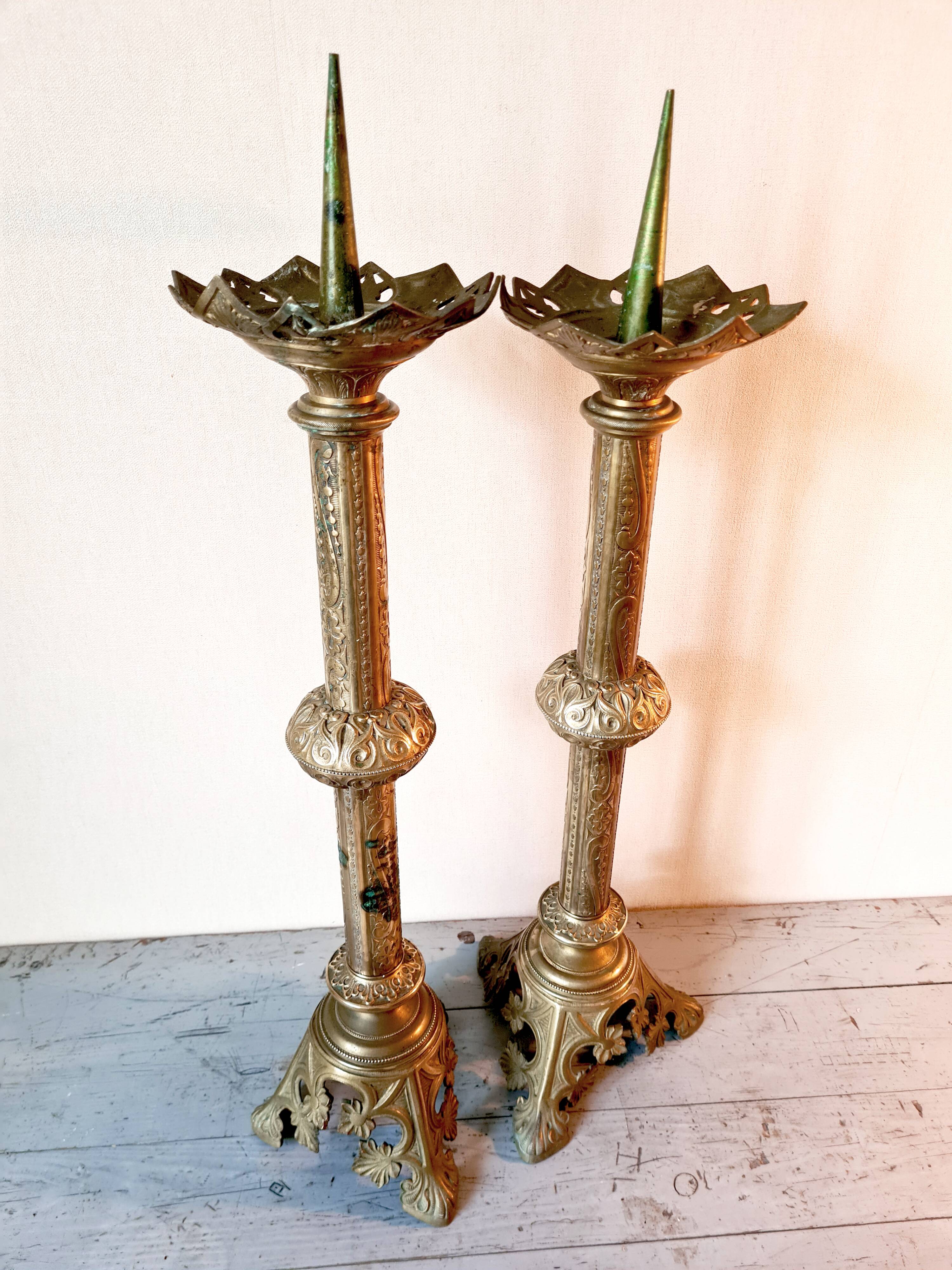 Pair of large Empire solid brass candlesticks – 78 cm