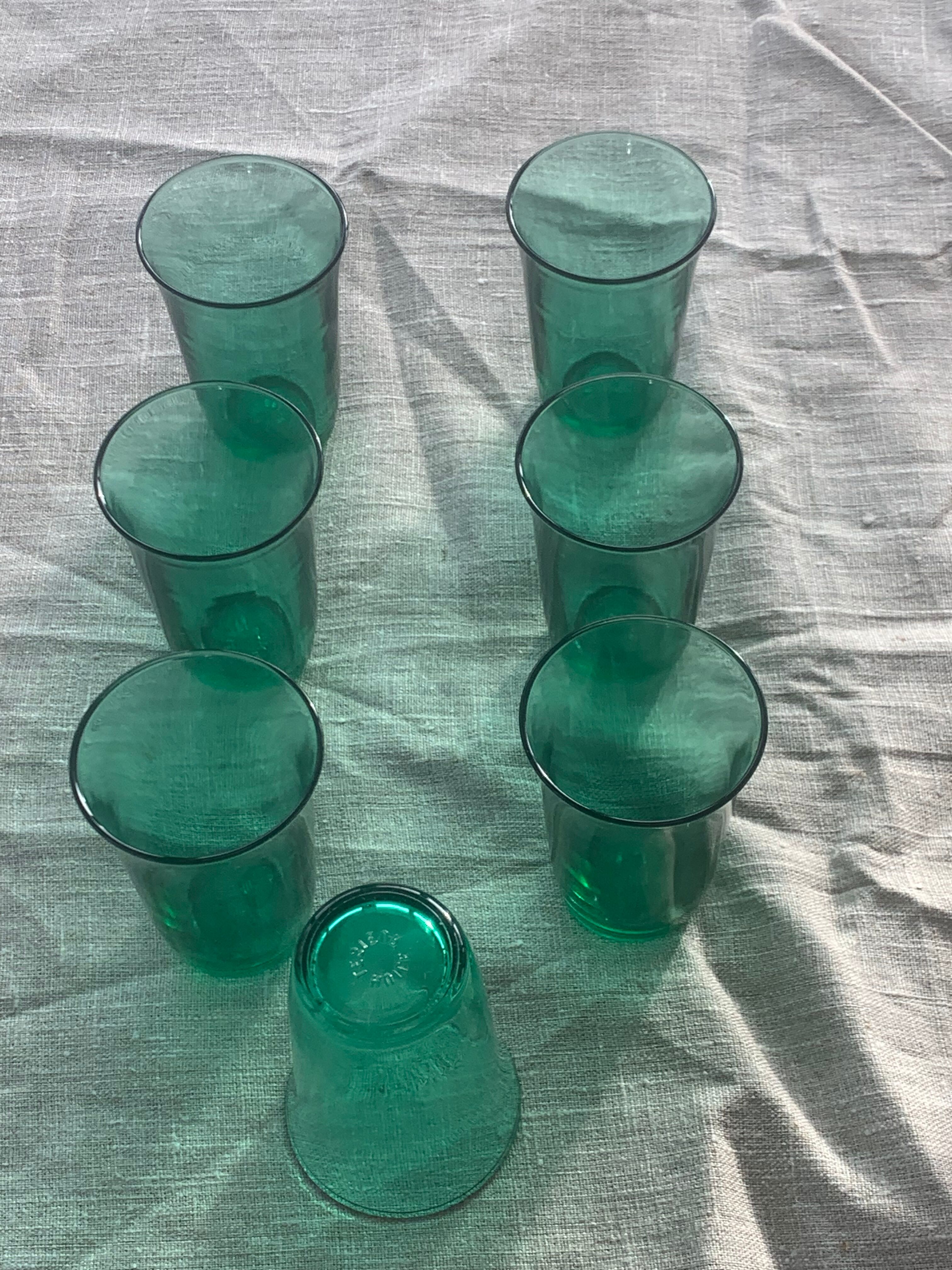7 water glasses in green glass advertising vintage Lesieur oil