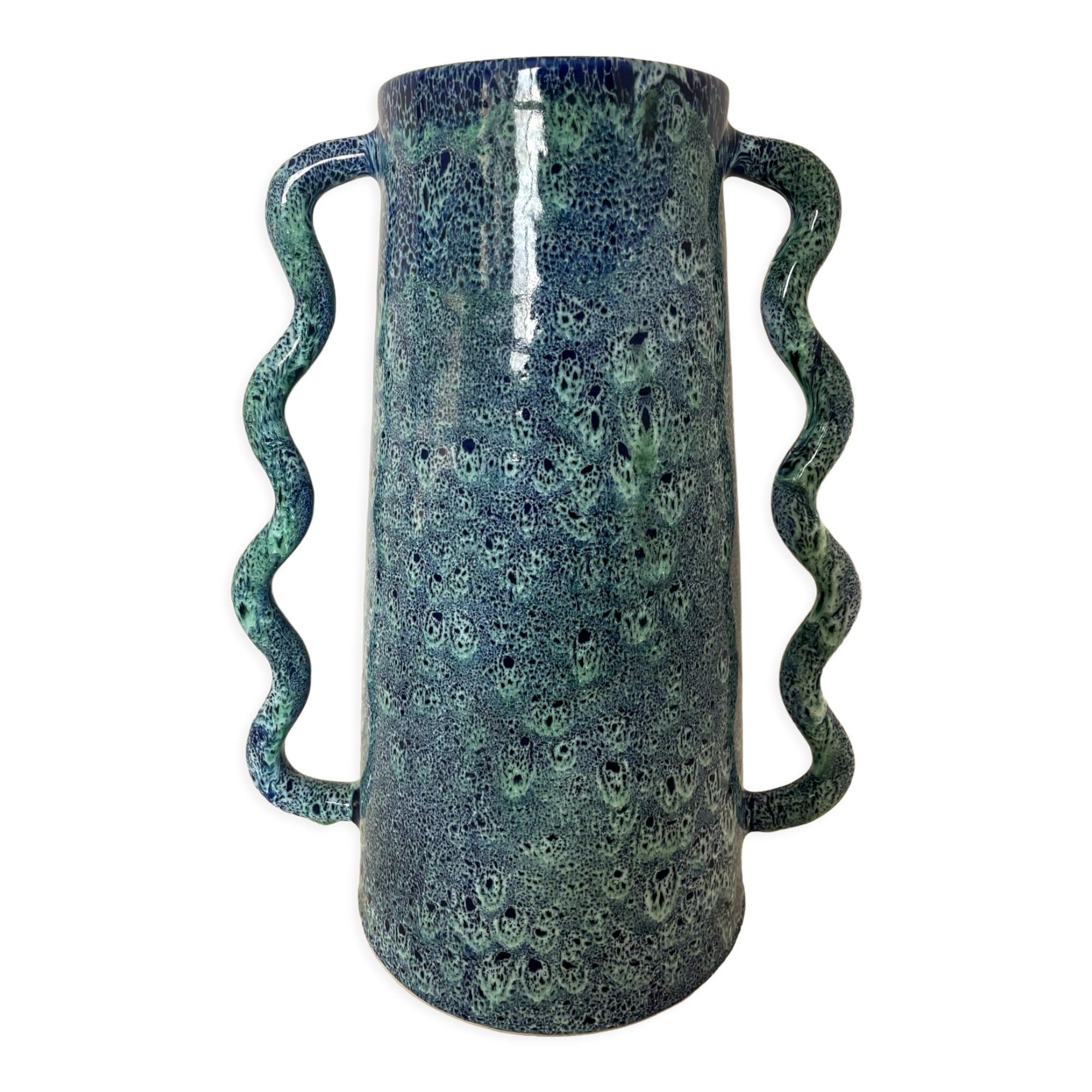 Blue-green ceramic vase with abstract wavy handles