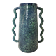 Blue-green ceramic vase with abstract wavy handles