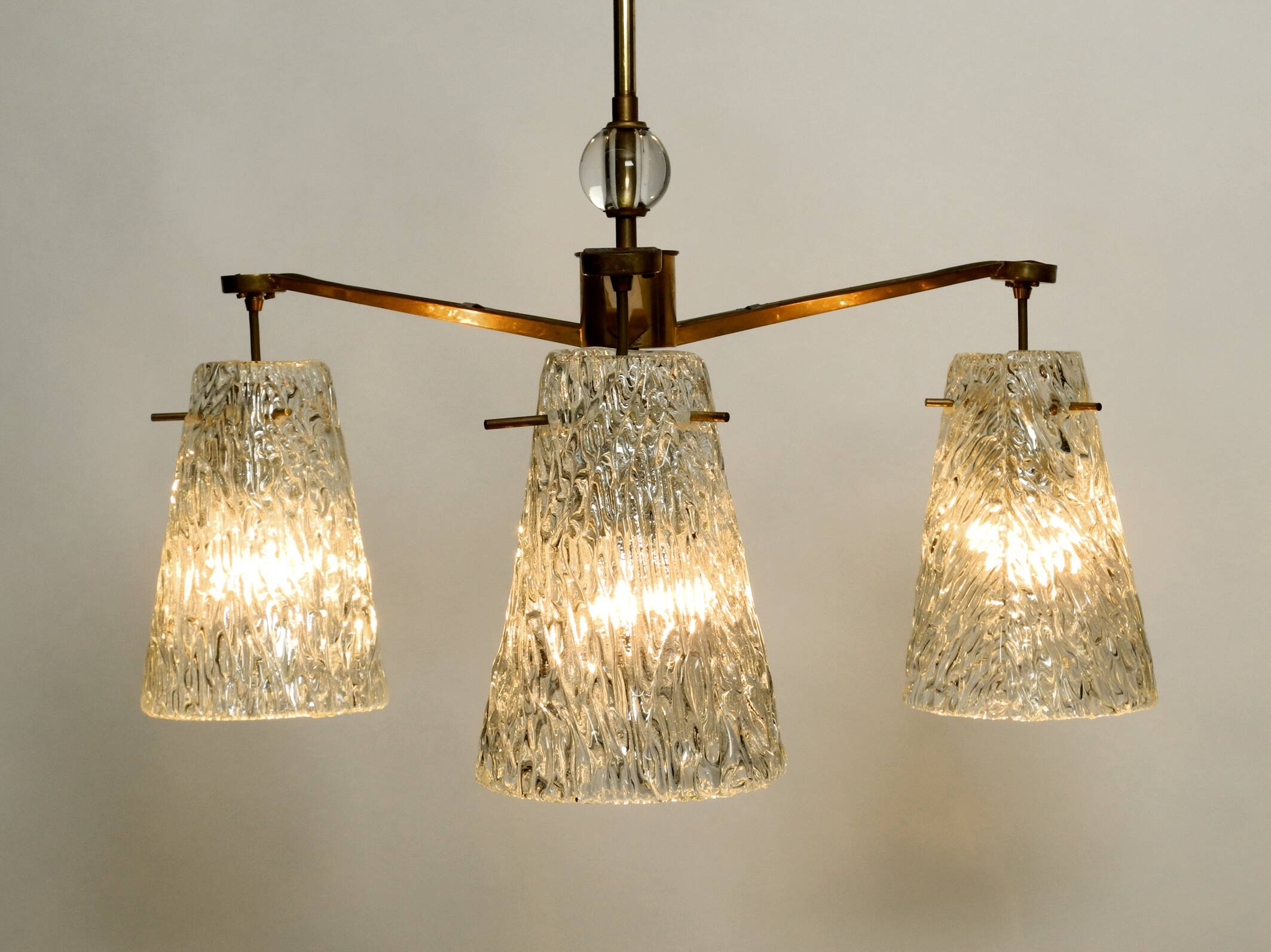 Heavy Mid Century ceiling lamp with three glass shades by Rupert Nikoll