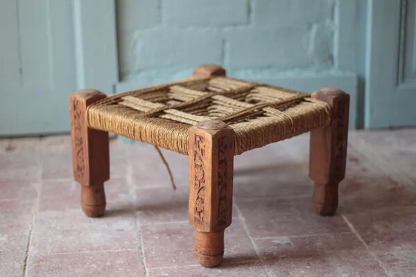 Tabouret vintage, tabouret bois avec cordes, tabouret bas, tabouret ethnique, décoration intérieur, stool