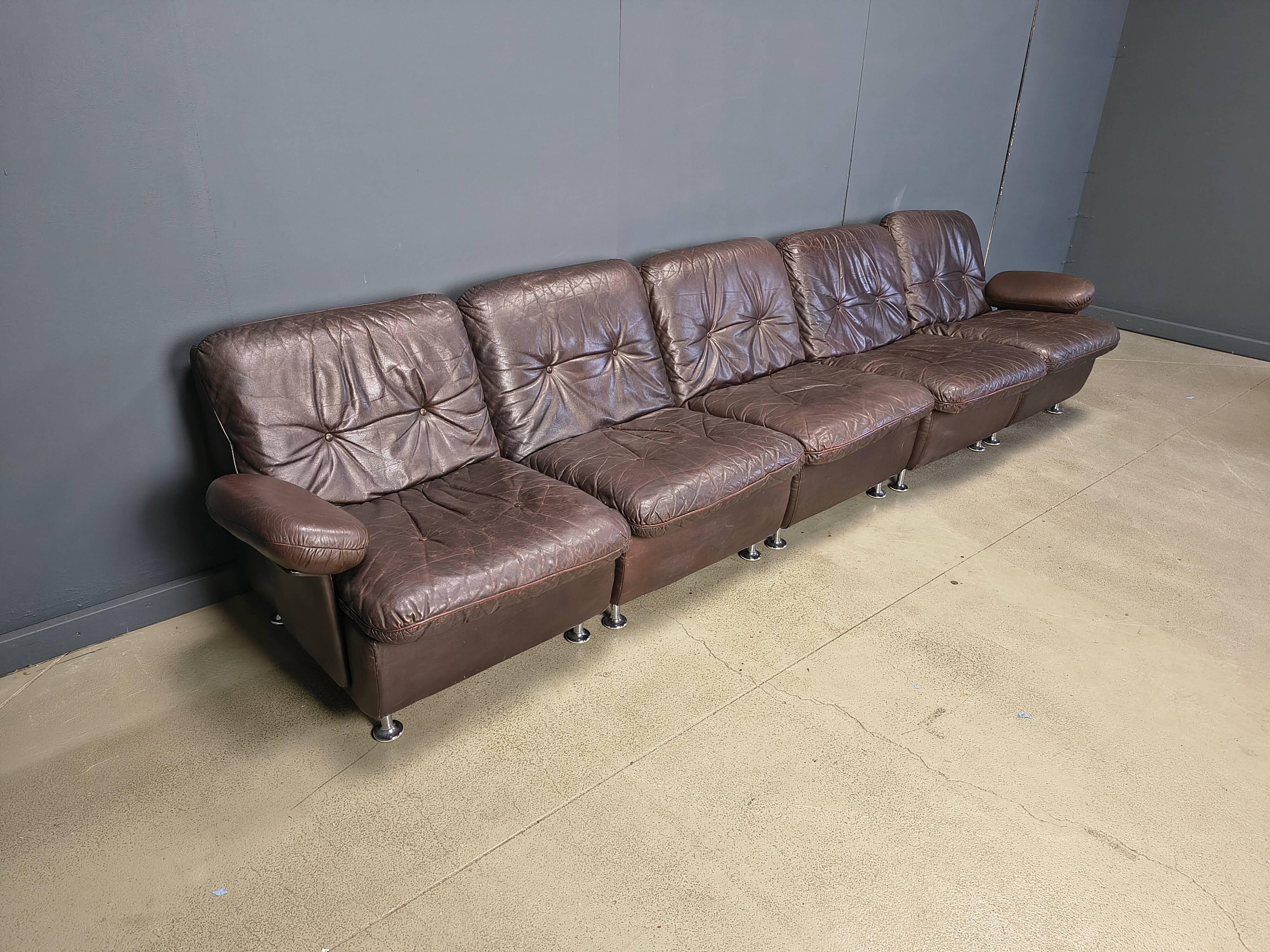 Modular vintage brown leather sofa, 1970s.