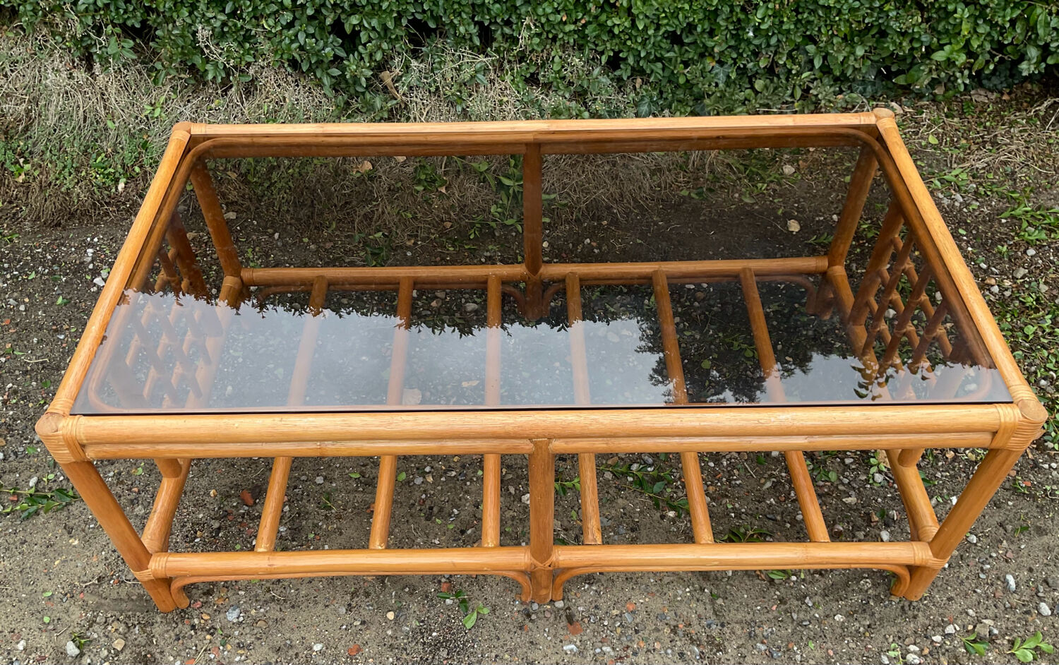 Vintage rattan and smoked glass coffee table
