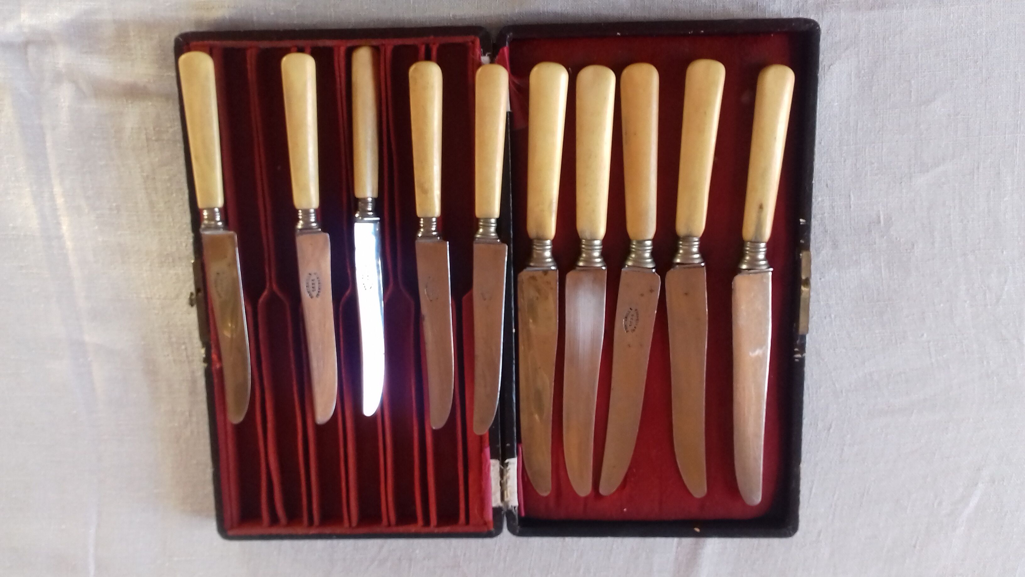 Lot de 5 couteaux à Viande et 5 couteaux à fromage Fonteville, manche en corne. Vintage.