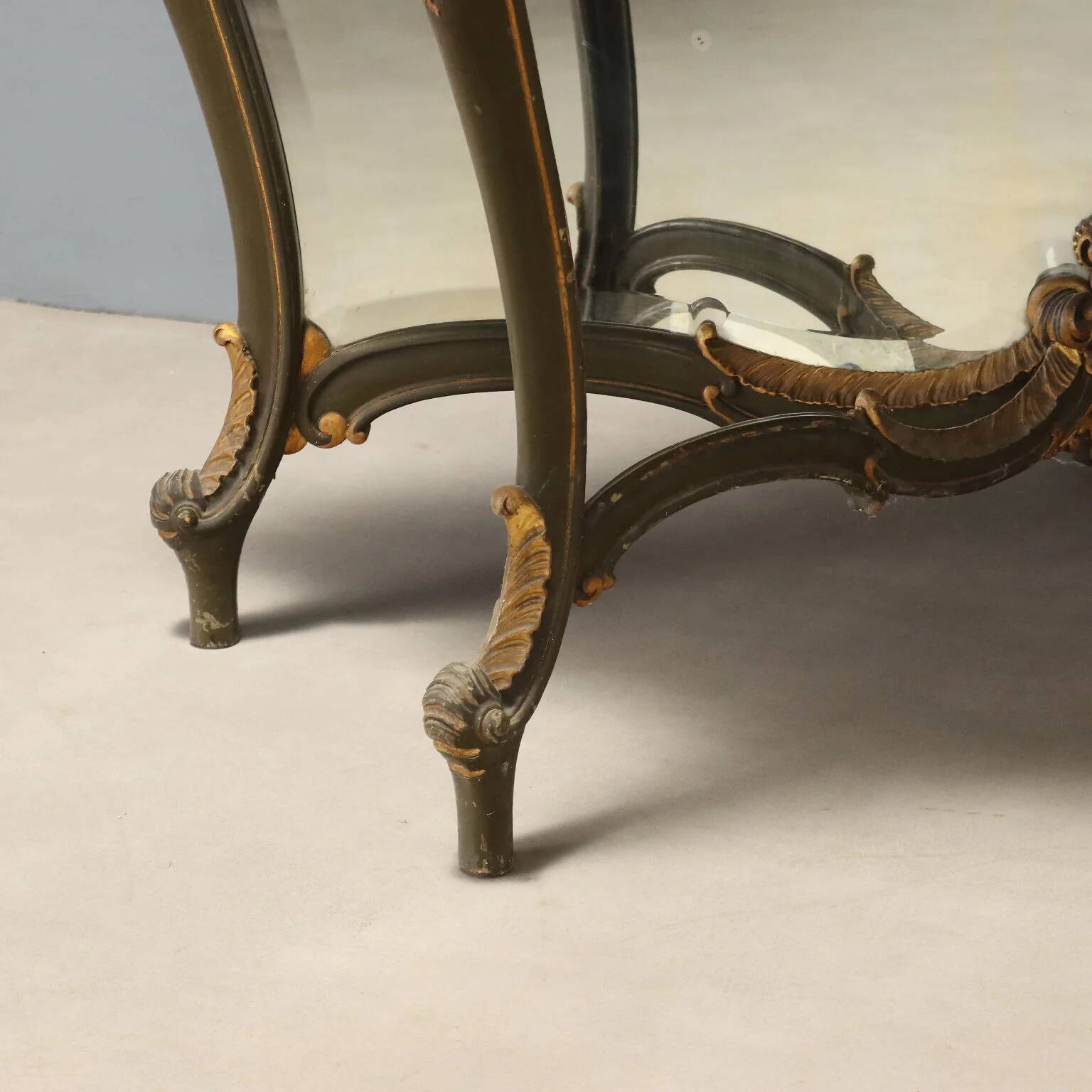 Ancient baroque console with a wooden mirror, Italy, late 19th century.