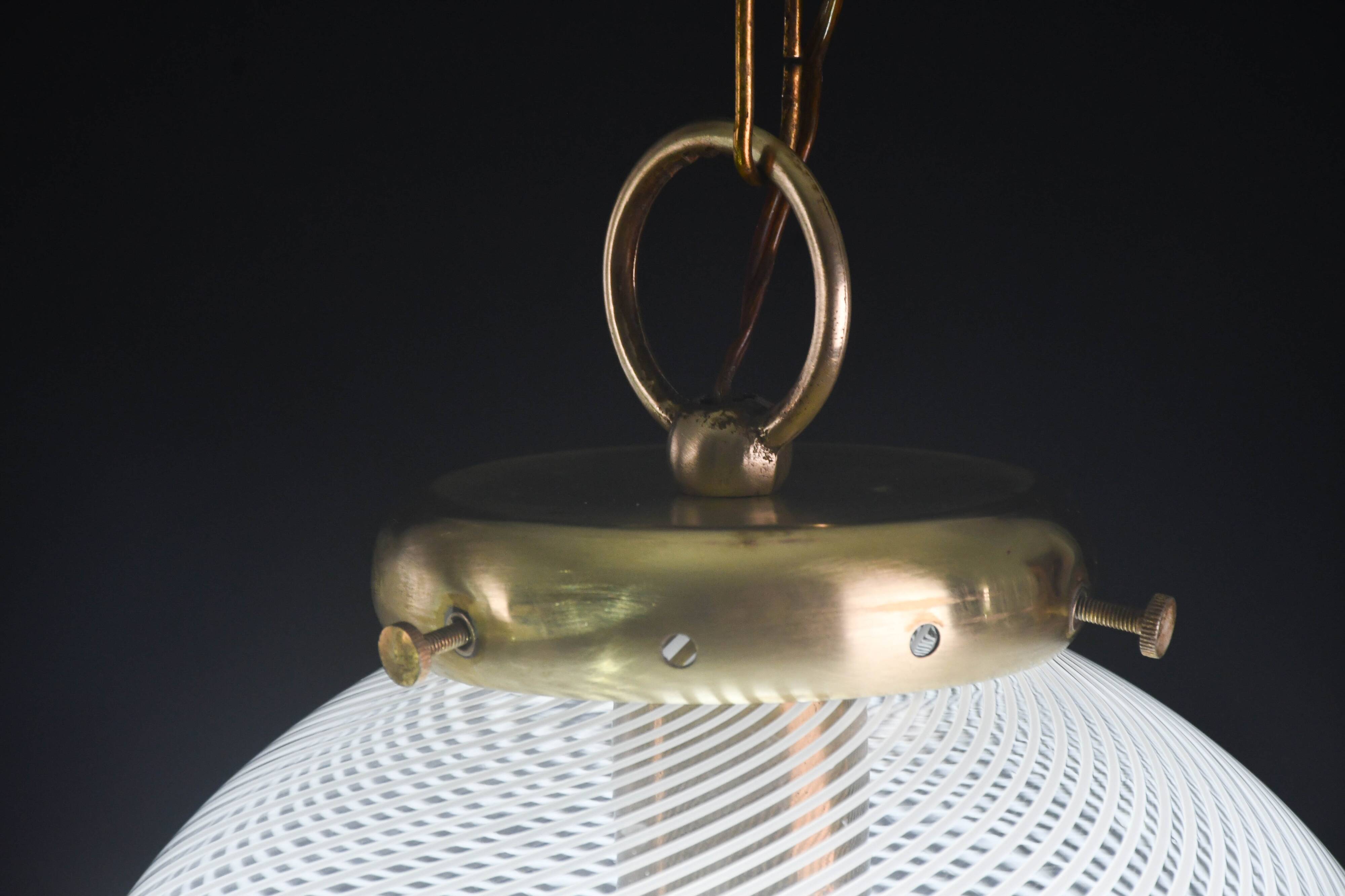 Italian Mid-Century Pendant Light with Optic Spiral Glass Globe and Restore Bras