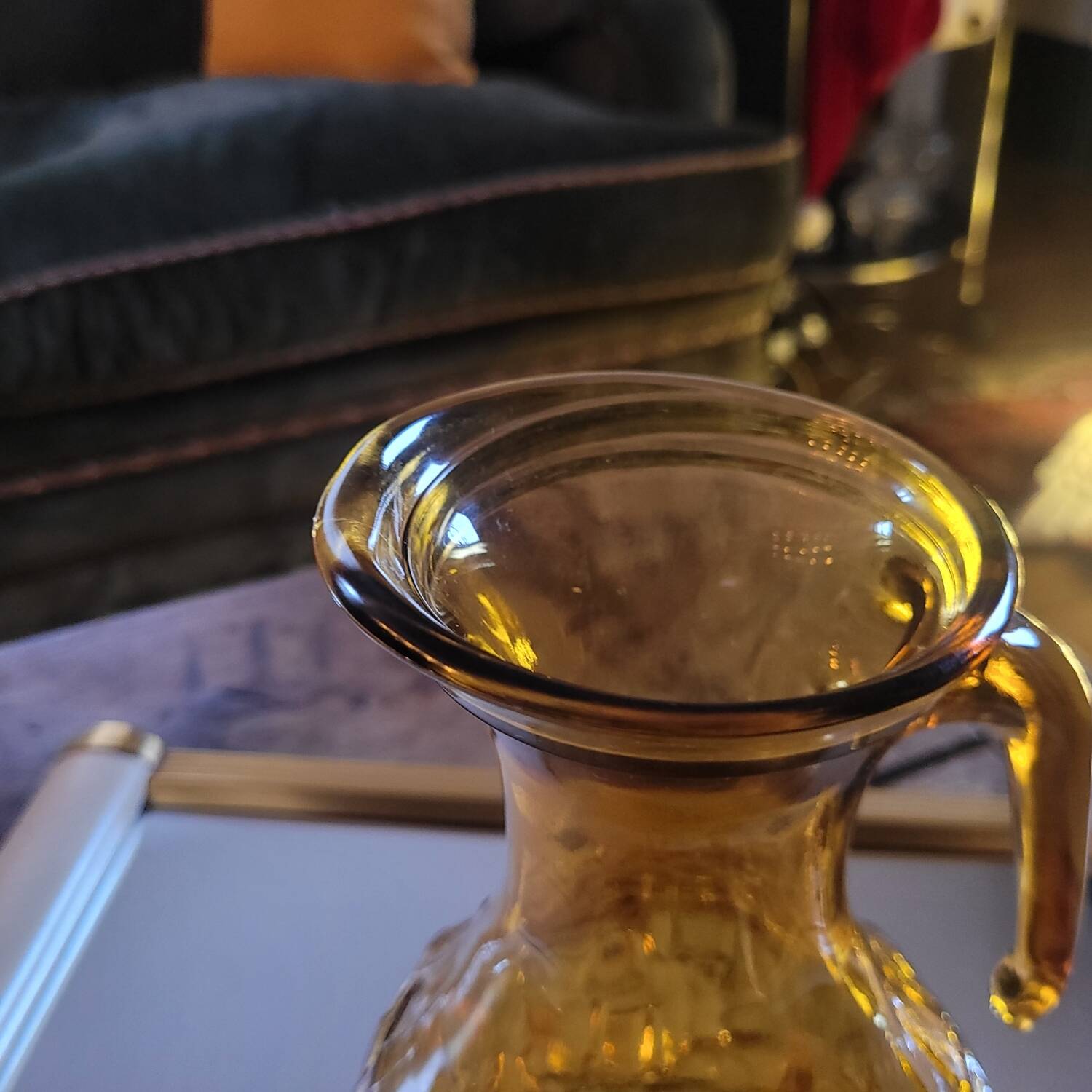 Amber relief glass pitcher. 1970s