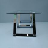Glass and chrome coffee table, trestle legs, vintage 1960-1970