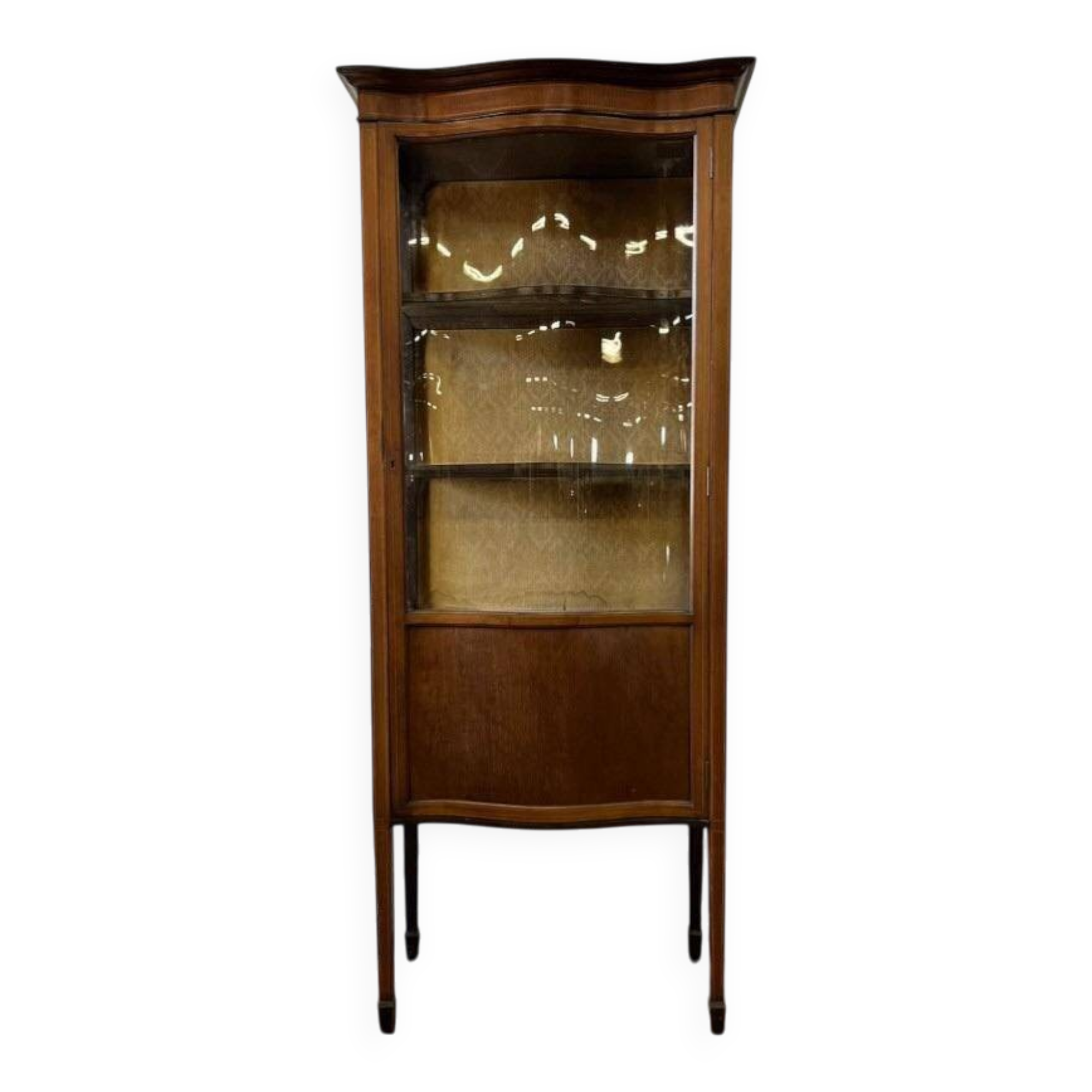 vintage wooden display cabinet with curved glass