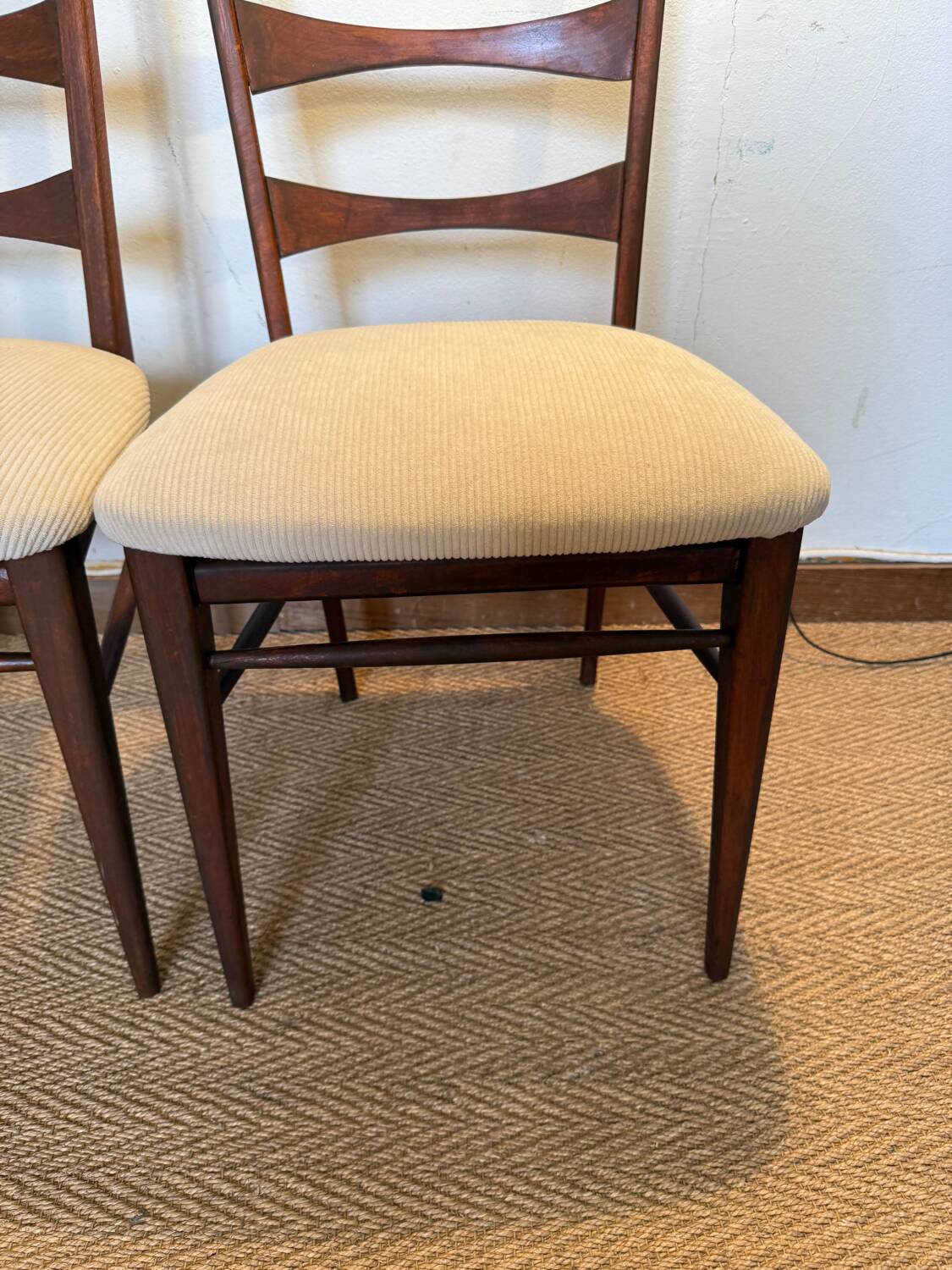 Pair of vintage wood and corduroy chairs