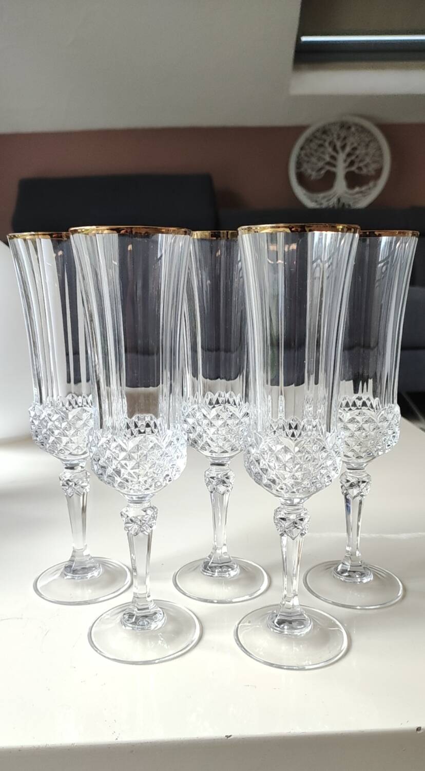 Lot of 6 x Champagne Flutes crystal/Valencay Gold/Crystal d'Arques