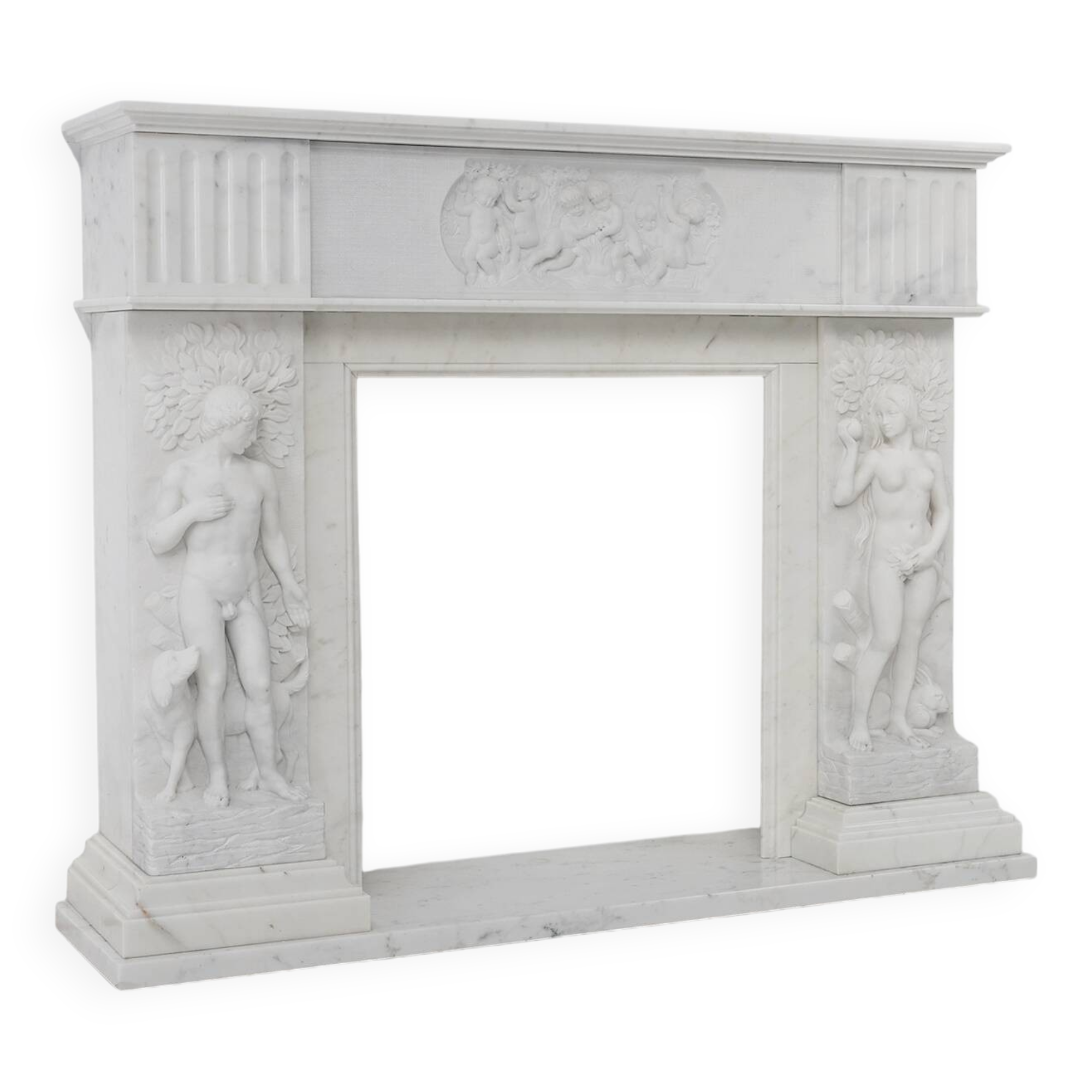 French Carrara marble fire place with Adam and Eve decoration