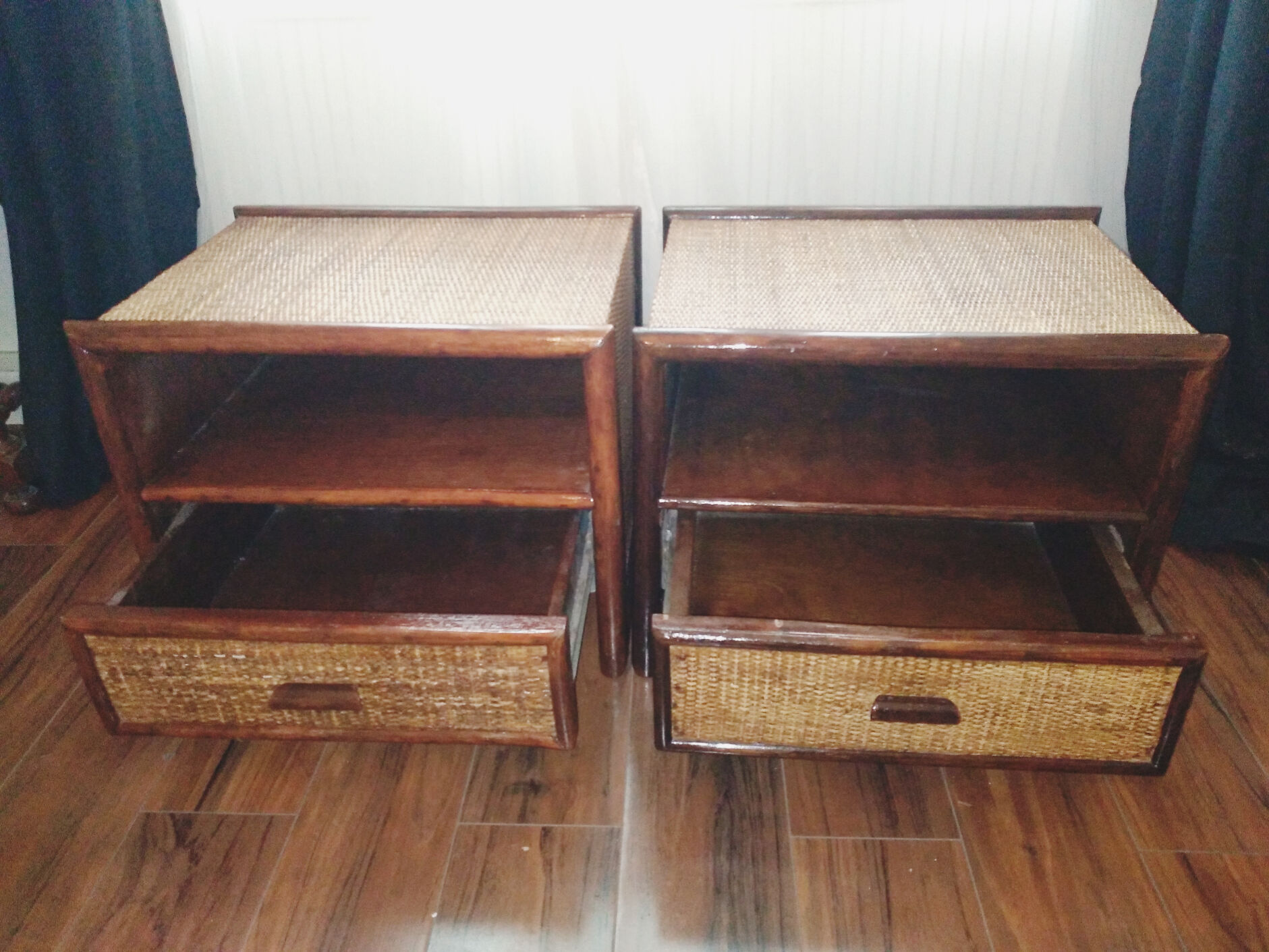 Pair of rattan and bamboo bedside tables, vintage