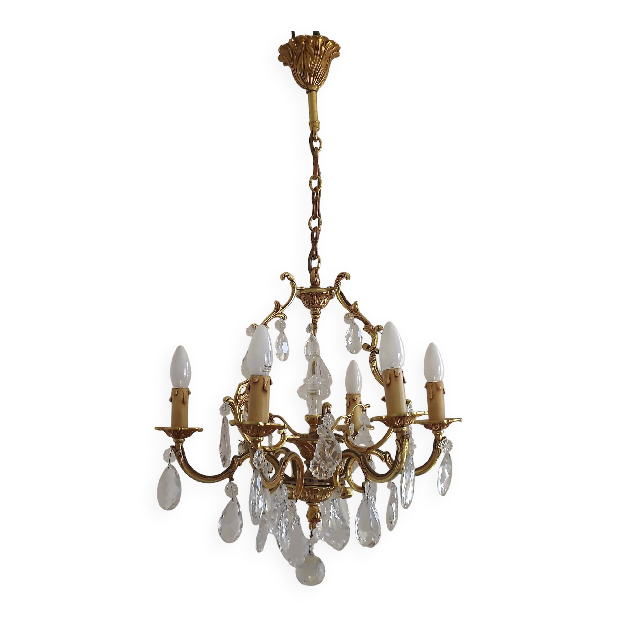 Mid Century Louis XV style cage chandelier - 6 arms - Brass and Crystal