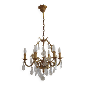 Chandelier en cage de style Louis XV du milieu du siècle - 6 bras - Laiton et cristal