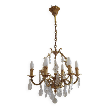 Mid Century Louis XV style cage chandelier - 6 arms - Brass and Crystal
