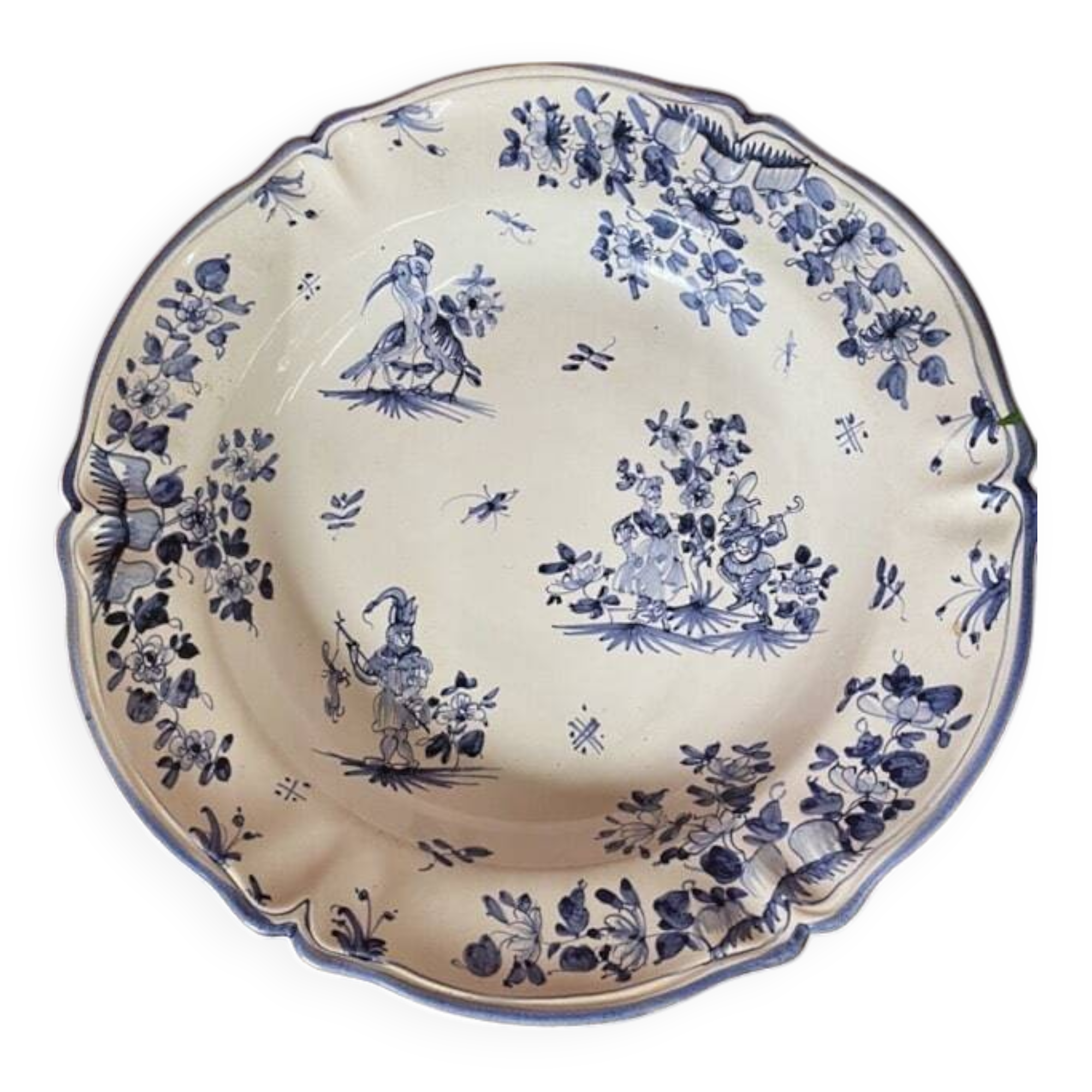 Large round hollow serving dish with blue Moustiers decor