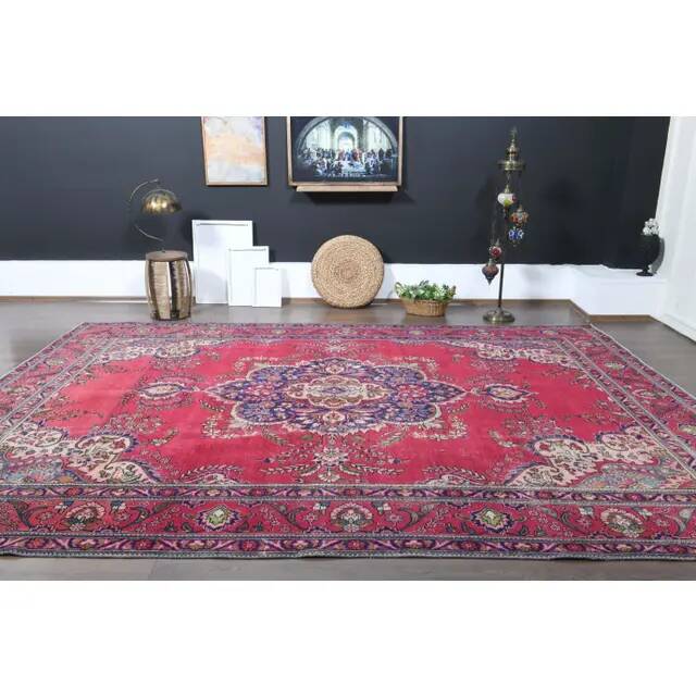 1970s Vintage Persian Handmade Wool Cotton Pink Area Rug  282x397
