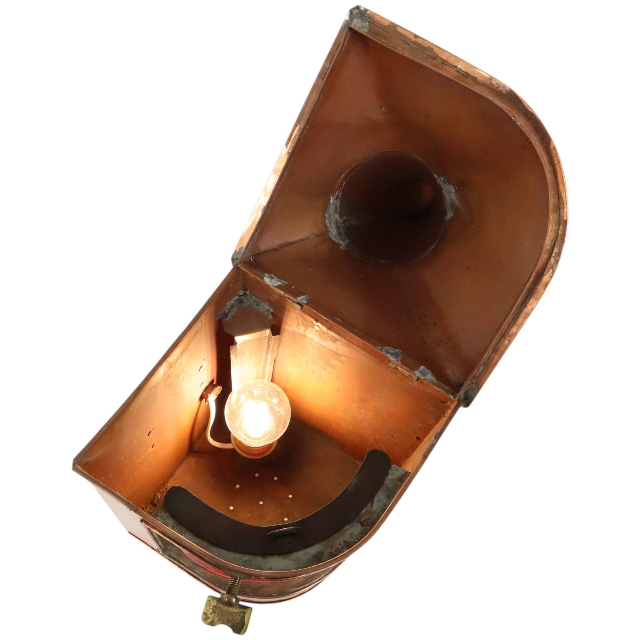 Large Vintage Ship's Lamp Red Copper Fresnel Lens 49cm