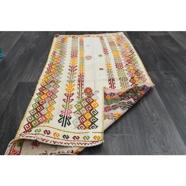 1970s Turkish Hand-Knotted Wool Cotton Beige Kilim Runner Rug 68x159