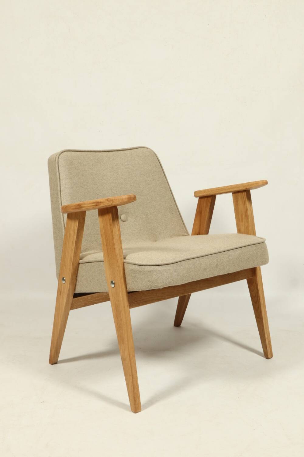 Scandinavian armchair beige wool natural oak wood chair design by Chierovski