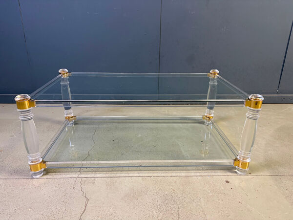 Table basse vintage en lucite et laiton, années 1970