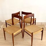 Suite of 4 Scandinavian teak chairs and braided rope