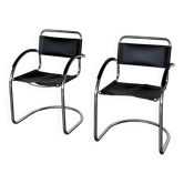 Chaises cantilever vintage en cuir sellier noir et chrome