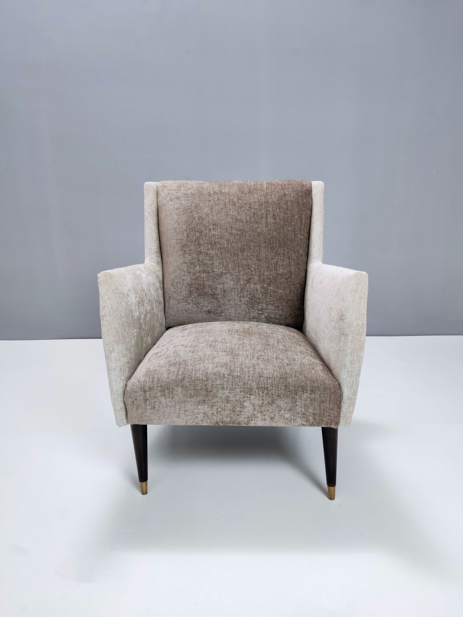 Pair of pearl grey and taupe velvet armchairs, italy